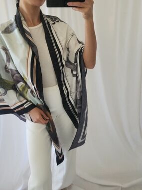 Burberry Silk Scarf Green Cream White Blue Black White Art Fashion Hankerchief